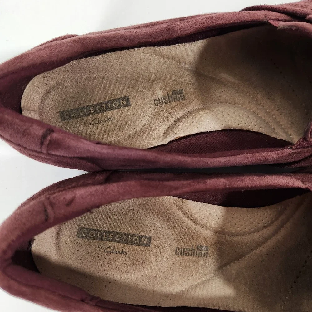 Clarks Sharon Dasher Burgundy Suede Comfort Shoes Slipon Womens Size 9.5 Loafers